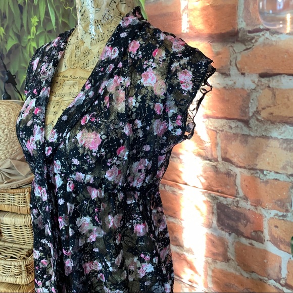 Floral Cottage Core Top Baby Doll Spandex Ties L - Picture 6 of 16